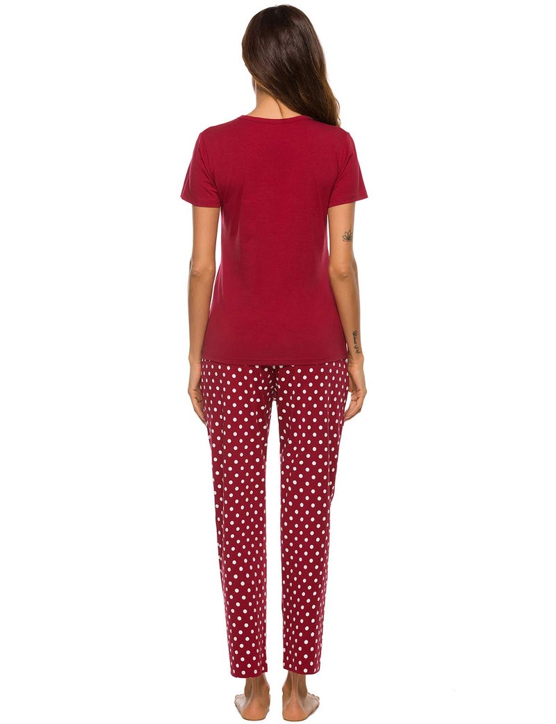 EISHOPEER Women's Cute Printed Short Sleeve Top & Long Pants Sleepwear Pajama Set Wine Red S - Image 5